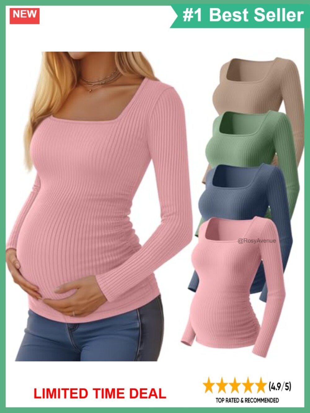 4 Pack Maternity Ribbed Tops Square Neck Long Sleeve Pregnancy Shirts